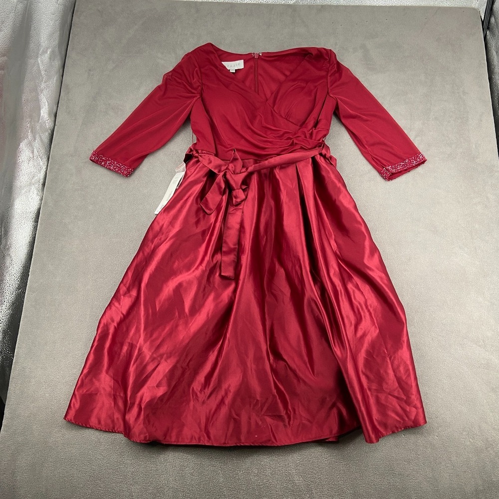 Azazie Midi Dress Womens C Red Tie Waist‎ Cocktail Party Back Zip Surplice Neck
